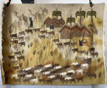 A reversible flat weave rug in wool, depicting a tented settlement in the desert, with shepherds