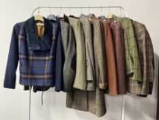 Assorted ladies wool, tweed and tartan jackets with contrast lapels or interesting collars, to