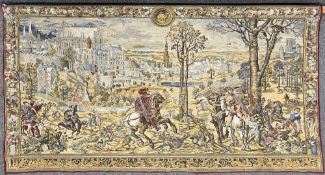 A large vintage tapestry depicting the 'Medieval Brussels' or 'Month of March' scene from the 'Hunts