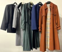 Three vintage trench coats and two jackets, to include grey with fur trim Dannimac, rust coloured