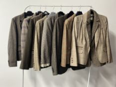 Assorted women's jackets in woolen, plaid and tartan fabrics, natural and neutral shades, to include