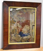A Victorian woolwork tapestry in Mahogany frame, depicts a girl and bird at a window with fruit