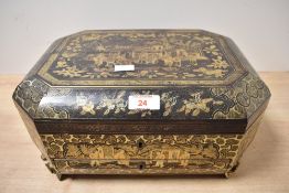 A 19th-century Chinese export black and gilt lacquer work box, of elongated octagonal form,