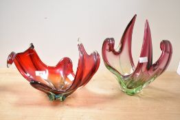 Two large mid 20th-century Italian Murano-style art glass bowls, featuring an organic free formed