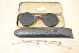 A pair of 20th-century tortoiseshell industrial/gunner glasses, non prescription, with brown leather
