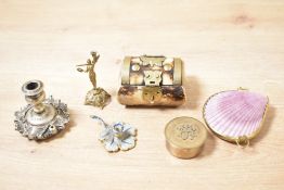 A selection of 19th to early 20th-century sundry curio wares, to feature a gilt circular hinged