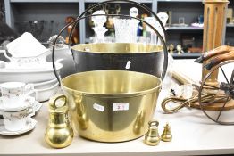 A large Victorian think gauge brass jam pan of traditional form with iron over handle 33.5cm