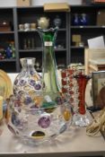 A small selection of mixed coloured glass, to include a tall green/blue tinted vintage Murano