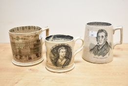 Three 19th-century commemorative pearlware mugs with transfer-printed decoration, comprising an