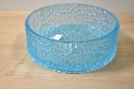 Thought to be mid to late 20th-century Whitefriars-style textured glass bowl, in a turquoise