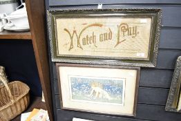 A late 19th-century framed punched-paper embroidery motto, reading ‘Watch and Pray’ in scriptural