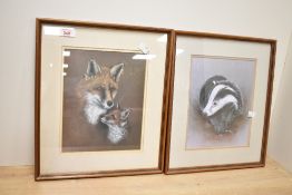 Two late 20th-century framed animal prints after Sue Willis, to feature a fox and a badger,