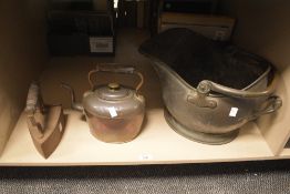 A large 20th century metal coal scuttle sold together with a copper kettle and a vintage cast iron