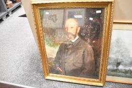 A large contemporary framed print of a seated gentleman, artists and sitter unknown, featuring an