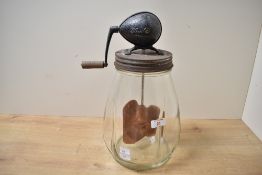A large early 20th-century British glass and metal Blow butter Churn, marked to handle and base,