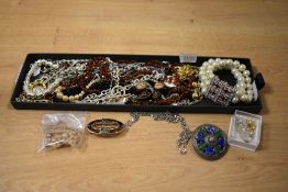 A collection of costume jewellery, including rings, beaded jewellery, faux pearls and rings