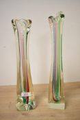 Two tall mid-20th-century Murano-style studio glass vases, of free-form shape with flared, scalloped