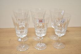 Thought to be six 20th-century Waterford Crystal Lismore-style Liqueur glasses, featuring a clear