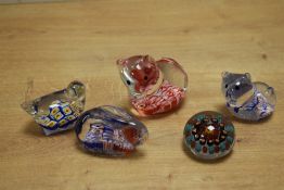 A small selection of 20th-century millefiori animal-shaped paperweights, to include a bunny, two