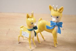 Two vintage Babycham plastic deer advertisement figurines, unmarked, tallest 15cm and smallest is
