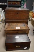 A group of four 20th century wooden boxes, one featuring elaborate inlays and cross bandings in it's