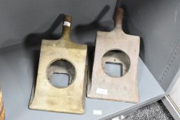 Two vintage cast iron bus wheel chocks, used to prevent buses from rolling when parked, 20cm x