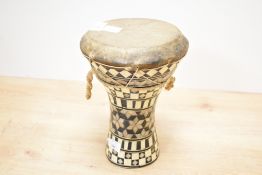 A small early 20th-century Egyptian handmade wooden doumbek, of goblet-form, featuring marquetry