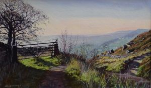Michael Groves (British Contemporary) Oil on board, depicting a hillside farm gate and footpath,