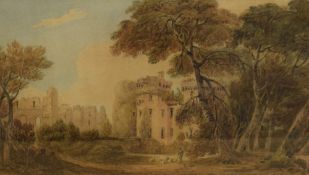 John Varley (British 1778 - 1842) Watercolour, a shepherd and his flock near castle ruins, signed