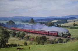 David French G.R.A (British b.1944) Acrylic on canvas '46115 Scots Guardman Passing Milnthorpe' an