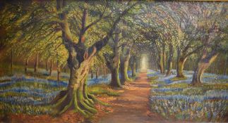 20th Century oil on canvas, a woodland landscape with figures among bluebells, unsigned or