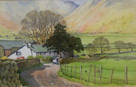 G.S.Prentice (20th Century) Watercolour 'Wall End, Langdale', a lakeland landscape with farm