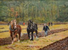 Anne Millard (20th Century) Oil on canvas, a farmer demonstrating ploughing a field with horses,