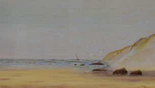 J Howard (20th Century) Watercolour, a coastal scene with grounded boat and seagulls, signed lower