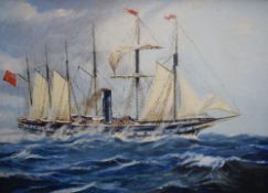 A 20th century oil on board depicting a steam assisted sailing ship on rough seas, un-attributed,