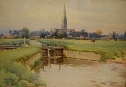 William Alistar Macdonald (British 1861 - 1948) Watercolour, a pastoral landscape with canal and