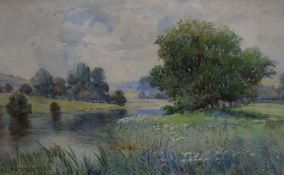 H. Overton-Jones (British 1856 - 1928) Watercolour, a rural landscape with wildflowers growing on