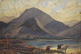 J Bell (19th/20th Century) Oil on canvas, a highland landscape with cattle, signed lower right, gift