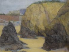 A Contemporary watercolour and oil pastel beach study, initialled 'F.S' lower right, within card