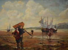 C Aldren (British 20th Century) oil on canvas, costal scene depicting fishermen with nets, signed
