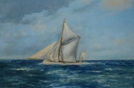Frank Henry Mason RBA, RI (British 1875-1965) Oil on canvas, depicting a Gaff Cutter sailing vessel,