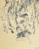 A late 20th century Vietnamese school ink wash painting depicting a woman on the shoulders of a