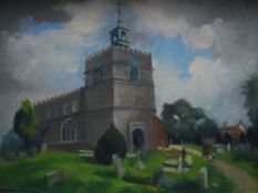 Olga Lehmann (Chilean 1912 - 2001) Oil on board 'Finchingfield Church' a study of the small Essex