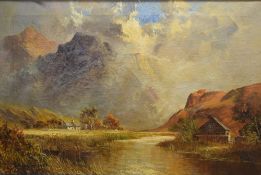 Henry Cooper (British 19th Century) Oil on canvas, a highland river scene with cottages, signed