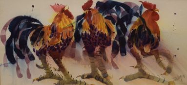 Mary Ann Rogers (British 20th Century) Watercolour, a study of three roosters, signed in pencil