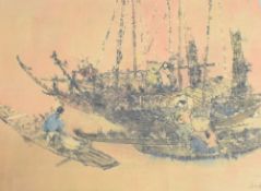 Le Quoc Viet (Vietnamese contemporary) Vietnamese school ink and watercolour, fishing boats,