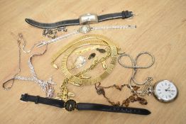 A collection of costume jewellery, including neck chains, wristwatches and paste set items