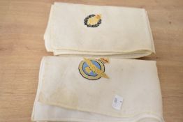 Two vintage WWII militaria woollen scarf/shawles each having an embroidered blazer badge one the RAF