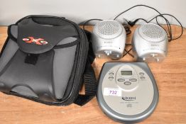 A pair of Sony portable mini speakers and a Mikomi digital portable CD player with carry case.