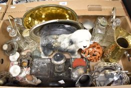 A Coopercraft Old English Sheepdog study, a vintage double glass inkwell with wooden base, a brass